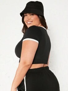 SHEIN BASICS Hơn Tương phản ràng buộc Áo phông Crop - màu đen - Xem 2