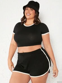 SHEIN BASICS Hơn Tương phản ràng buộc Áo phông Crop - màu đen - Xem 4