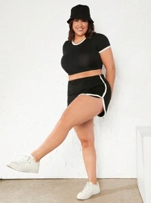 SHEIN BASICS Hơn Tương phản ràng buộc Áo phông Crop - màu đen - Xem 5