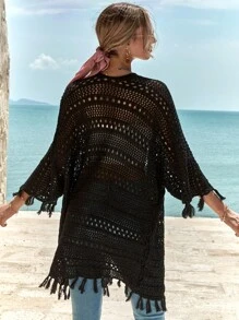 RueChic Hollow Out Fringe Trim Batwing Sleeve Open Front Cardigan - màu đen - Xem 4