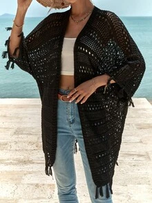 RueChic Hollow Out Fringe Trim Batwing Sleeve Open Front Cardigan - màu đen - Xem 3