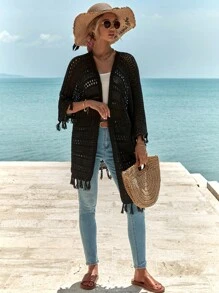 RueChic Hollow Out Fringe Trim Batwing Sleeve Open Front Cardigan - màu đen - Xem 2