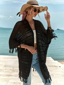 RueChic Hollow Out Fringe Trim Batwing Sleeve Open Front Cardigan - màu đen - Xem 5