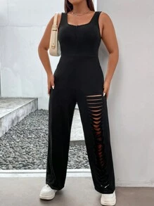 SHEIN Allurite 大碼挖空細節無袖連體褲 - 黑色 - 查看 5