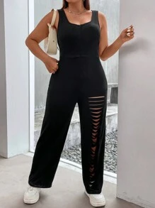 SHEIN Allurite 大碼挖空細節無袖連體褲 - 黑色 - 查看 7