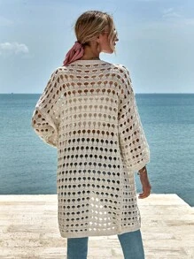 EURMUSE Drop Shoulder Open Knit Duster Cardigan - Beige - View 2