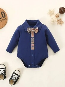 Bodysuits Em bé Nút phía trước Nơ Bướm Sọc ca rô - Màu xanh hải quân - Xem 1