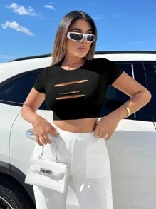 SHEIN SXY Chất rắn Cắt ra Áo phông Crop - màu đen - Xem 3