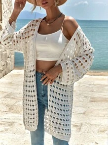 EURMUSE Drop Shoulder Open Knit Duster Cardigan - Beige - View 4