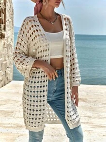 EURMUSE Drop Shoulder Open Knit Duster Cardigan - Beige - View 5