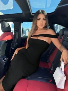 SHEIN SXY Đầm Cắt ra màu trơn Giải trí - màu đen - Xem 1