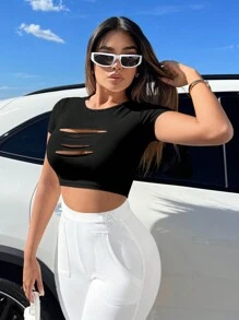 SHEIN SXY Chất rắn Cắt ra Áo phông Crop - màu đen - Xem 4