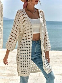 EURMUSE Drop Shoulder Open Knit Duster Cardigan - Beige - View 6