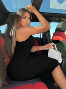 SHEIN SXY Đầm Cắt ra màu trơn Giải trí - màu đen - Xem 3