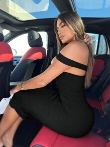 SHEIN SXY Đầm Cắt ra màu trơn Giải trí - màu đen - Xem 4