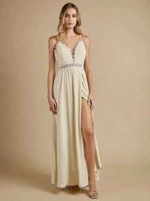 SHEIN Belle Robe De Demoiselle D'honneur À Fines Brides En Dentelle Fendu