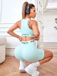 SHEIN 字母圖案運動套裝 - 綠色 - 查看 1