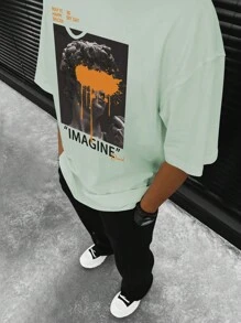 Manfinity LEGND 男士大碼標語和人物圖案T恤 - 綠色 - 查看 3