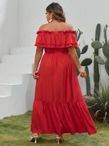 SHEIN VCAY 大碼一字肩前打結荷葉邊荷葉邊連衣裙 - 紅色 - 查看 2