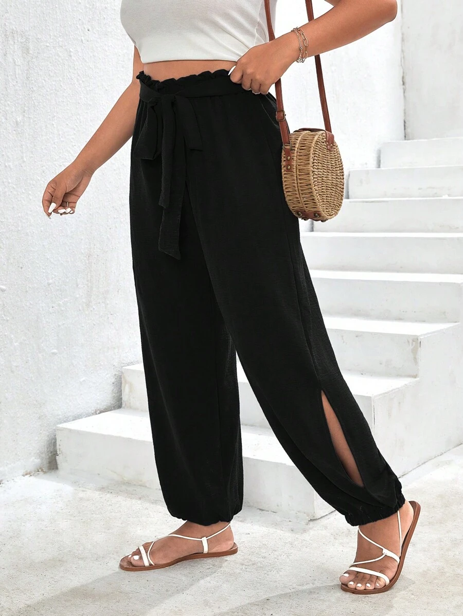 SHEIN Frenchy Quần Plus Size Thắt lưng Quần paper-bag màu trơn Giải trí - màu đen - Xem 1