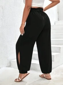 SHEIN Frenchy Quần Plus Size Thắt lưng Quần paper-bag màu trơn Giải trí - màu đen - Xem 2