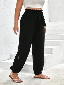 SHEIN Frenchy Quần Plus Size Thắt lưng Quần paper-bag màu trơn Giải trí - màu đen - Xem 4