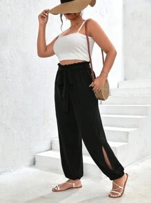 SHEIN Frenchy Quần Plus Size Thắt lưng Quần paper-bag màu trơn Giải trí - màu đen - Xem 5