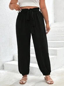 SHEIN Frenchy Quần Plus Size Thắt lưng Quần paper-bag màu trơn Giải trí - màu đen - Xem 6