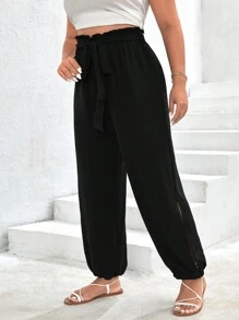 SHEIN Frenchy Quần Plus Size Thắt lưng Quần paper-bag màu trơn Giải trí - màu đen - Xem 7