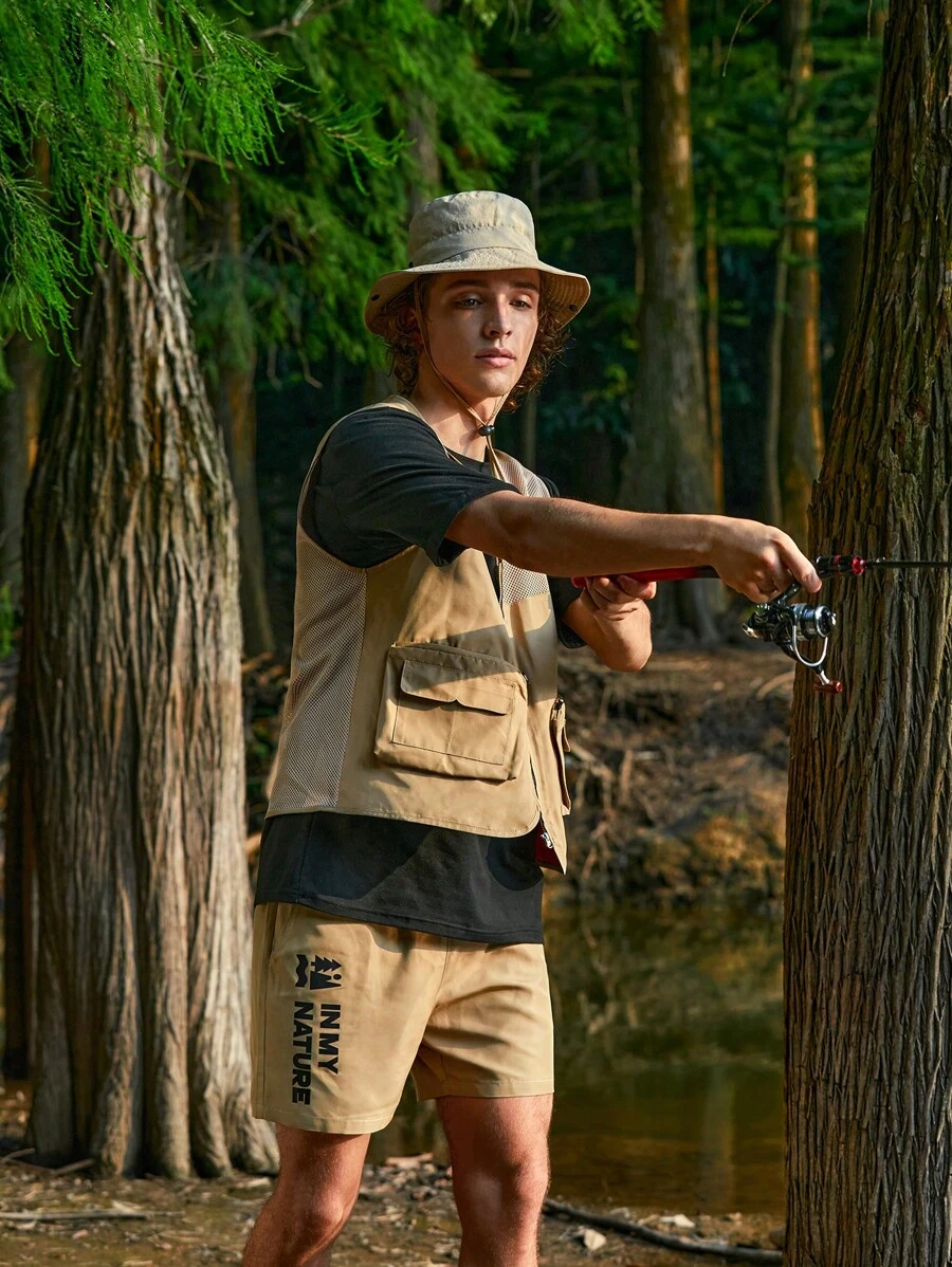 SHEIN In My Nature Men Letter Graphic Drawstring Waist Shorts - Khaki - View 1