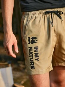 SHEIN In My Nature Men Letter Graphic Drawstring Waist Shorts - Khaki - View 3
