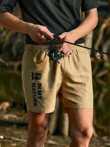 SHEIN In My Nature Men Letter Graphic Drawstring Waist Shorts - Khaki - View 4