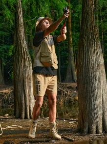 SHEIN In My Nature Men Letter Graphic Drawstring Waist Shorts - Khaki - View 5