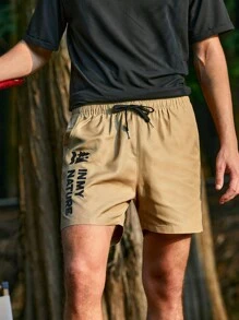 SHEIN In My Nature Men Letter Graphic Drawstring Waist Shorts - Khaki - View 7