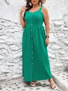 SHEIN VCAY Hơn Nút phía trước Váy Dây - màu xanh lá - Xem 3