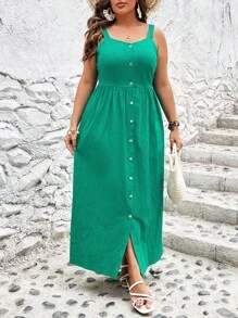 SHEIN VCAY Hơn Nút phía trước Váy Dây - màu xanh lá - Xem 4