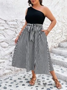 SHEIN VCAY Hơn In sọc Một bờ vai Váy có thắt lưng - Đen và trắng - Xem 1