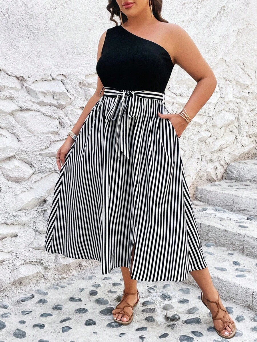 SHEIN VCAY Hơn In sọc Một bờ vai Váy có thắt lưng - Đen và trắng - Xem 1