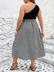 SHEIN VCAY Hơn In sọc Một bờ vai Váy có thắt lưng - Đen và trắng - Xem 2