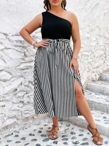 SHEIN VCAY Hơn In sọc Một bờ vai Váy có thắt lưng - Đen và trắng - Xem 3