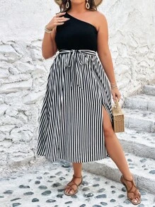 SHEIN VCAY Hơn In sọc Một bờ vai Váy có thắt lưng - Đen và trắng - Xem 5