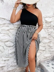 SHEIN VCAY Hơn In sọc Một bờ vai Váy có thắt lưng - Đen và trắng - Xem 6