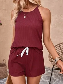 SHEIN LUNE 條紋針織掛脖上衣和前打結短褲 - 酒紅色 - 查看 1