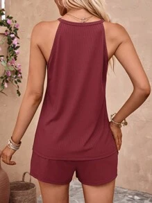 SHEIN LUNE 條紋針織掛脖上衣和前打結短褲 - 酒紅色 - 查看 2