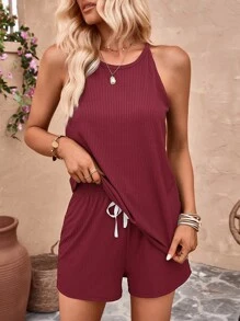 SHEIN LUNE 條紋針織掛脖上衣和前打結短褲 - 酒紅色 - 查看 5