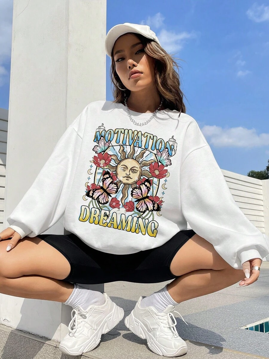 SHEIN EZwear Chữ & Bướm In Thả vai Áo nỉ Oversized - trắng - Xem 1