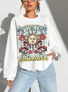 SHEIN EZwear Letter & Butterfly Print Drop Shoulder Oversized Sweatshirt - White - View 5
