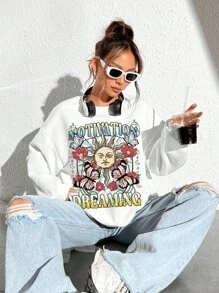 SHEIN EZwear Letter & Butterfly Print Drop Shoulder Oversized Sweatshirt - White - View 7