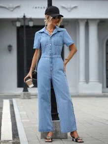 SHEIN Essnce 前紐扣闊腿牛仔連身褲 - 淺色水洗藍 - 查看 6