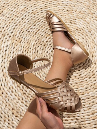 女士編織細節平底鞋,度假戶外金屬質感踝帶平底鞋